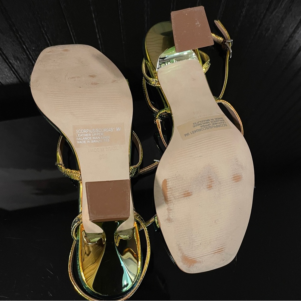 Steve Madden Scorpius Iridescent Green Yellow Ankle Strap Block Sculpted Heels - Picture 5 of 6